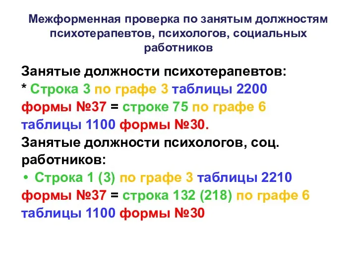 Межформенная проверка по занятым должностям психотерапевтов, психологов, социальных работников Занятые должности психотерапевтов: