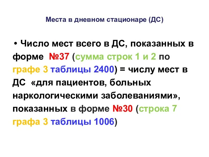 Места в дневном стационаре (ДС) Число мест всего в ДС, показанных в