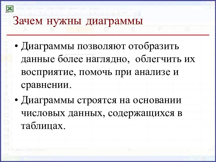 Зачем нужны диаграммы Диаграммы позволяют отобразить данные более наглядно, облегчить их восприятие,