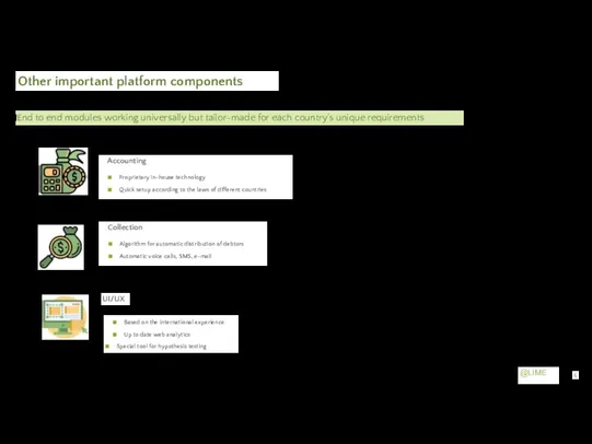 Other important platform components End to end modules working universally but tailor-made