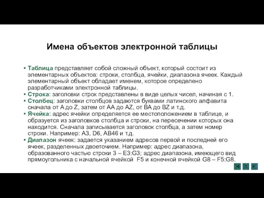 Имена объектов электронной таблицы Таблица представляет собой сложный объект, который состоит из