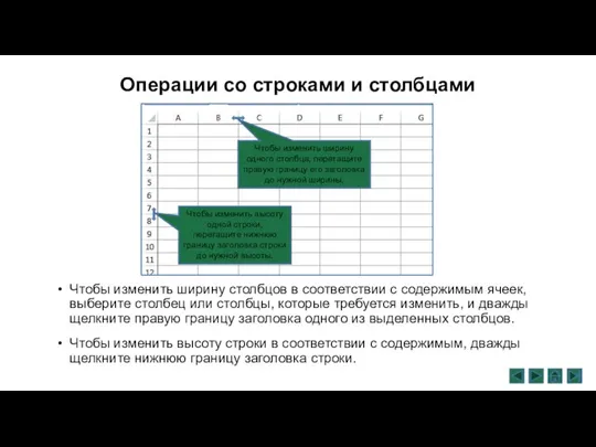 Операции со строками и столбцами Чтобы изменить ширину столбцов в соответствии с