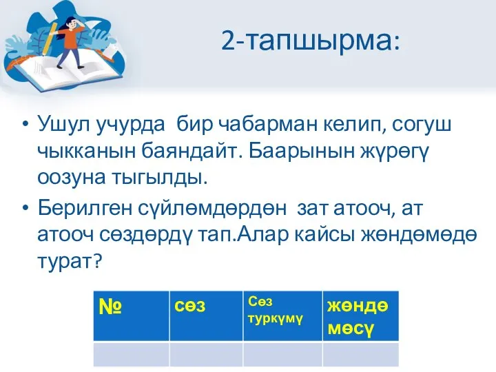 2-тапшырма: Ушул учурда бир чабарман келип, согуш чыкканын баяндайт. Баарынын жүрөгү оозуна