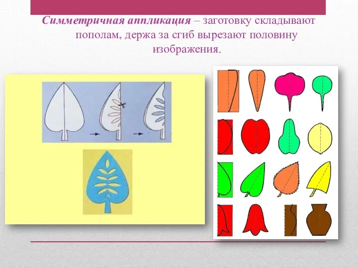 Симметричная аппликация – заготовку складывают пополам, держа за сгиб вырезают половину изображения.