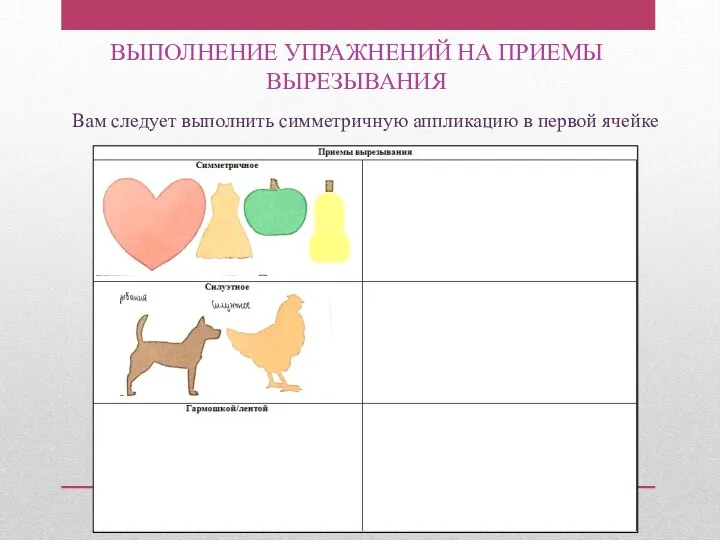 Вам следует выполнить симметричную аппликацию в первой ячейке ВЫПОЛНЕНИЕ УПРАЖНЕНИЙ НА ПРИЕМЫ ВЫРЕЗЫВАНИЯ