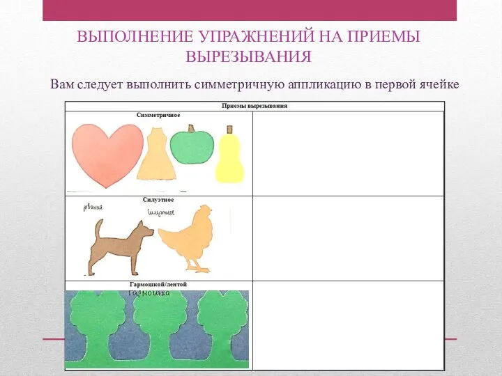 Вам следует выполнить симметричную аппликацию в первой ячейке ВЫПОЛНЕНИЕ УПРАЖНЕНИЙ НА ПРИЕМЫ ВЫРЕЗЫВАНИЯ