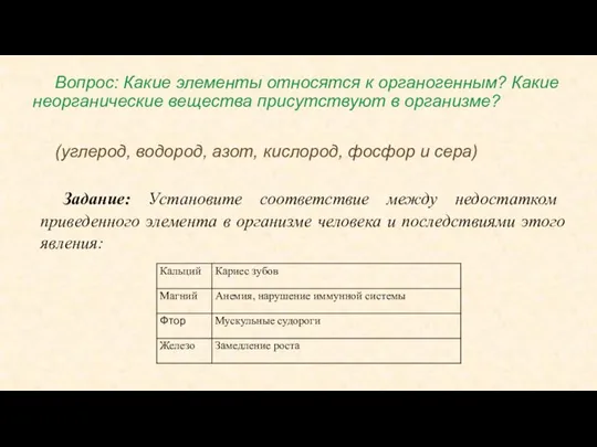 Вопрос: Какие элементы относятся к органогенным? Какие неорганические вещества присутствуют в организме?