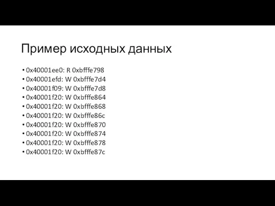 Пример исходных данных 0x40001ee0: R 0xbfffe798 0x40001efd: W 0xbfffe7d4 0x40001f09: W 0xbfffe7d8