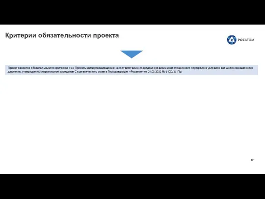 Критерии обязательности проекта Проект является обязательным по критерию «1.5 Проекты импортозамещения» в