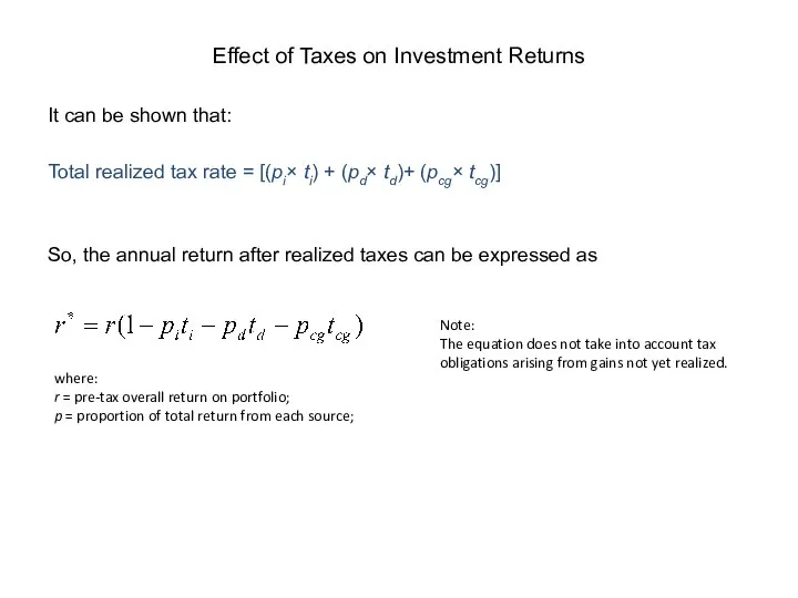 Effect of Taxes on Investment Returns It can be shown that: Total