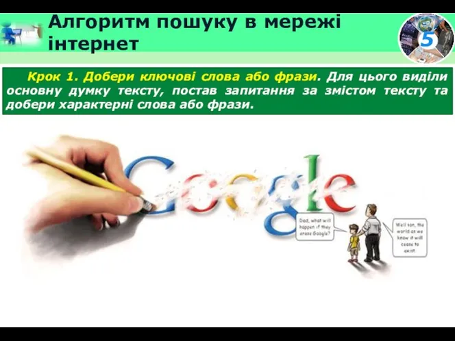 Алгоритм пошуку в мережі інтернет Крок 1. Добери ключові слова або фрази.