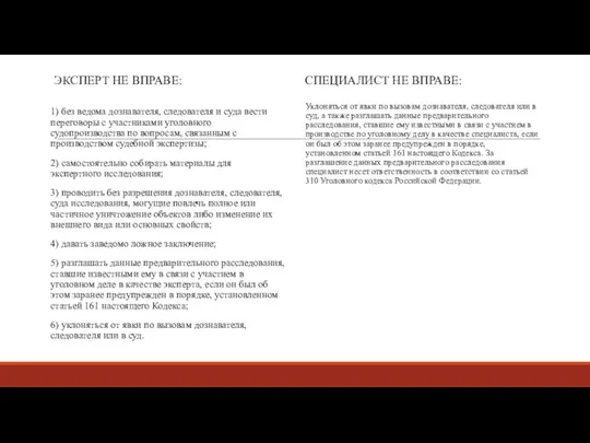 ЭКСПЕРТ НЕ ВПРАВЕ: 1) без ведома дознавателя, следователя и суда вести переговоры