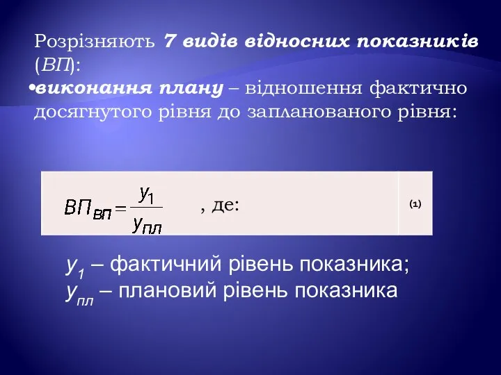 Розрізняють 7 видів відносних показників (ВП): виконання плану – відношення фактично досягнутого