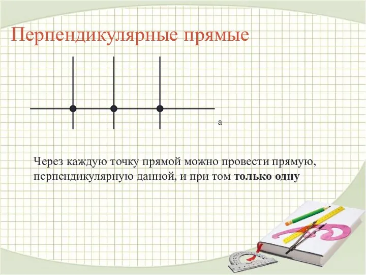 Перпендикулярные прямые Через каждую точку прямой можно провести прямую, перпендикулярную данной, и при том только одну