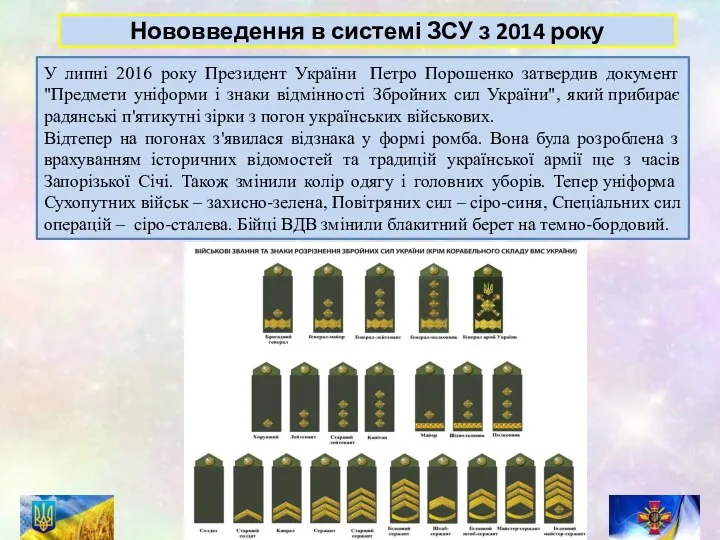 Нововведення в системі ЗСУ з 2014 року У липні 2016 року Президент