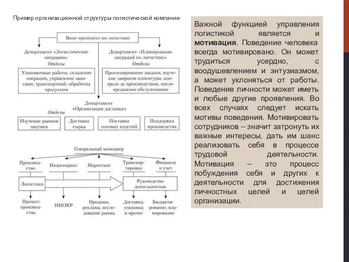 Пример организационной структуры логистической компании Важной функцией управления логистикой является и мотивация.