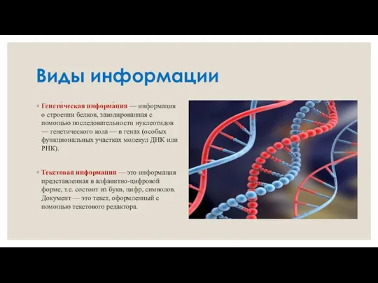 Виды информации Генети́ческая информа́ция — информация о строении белков, закодированная с помощью