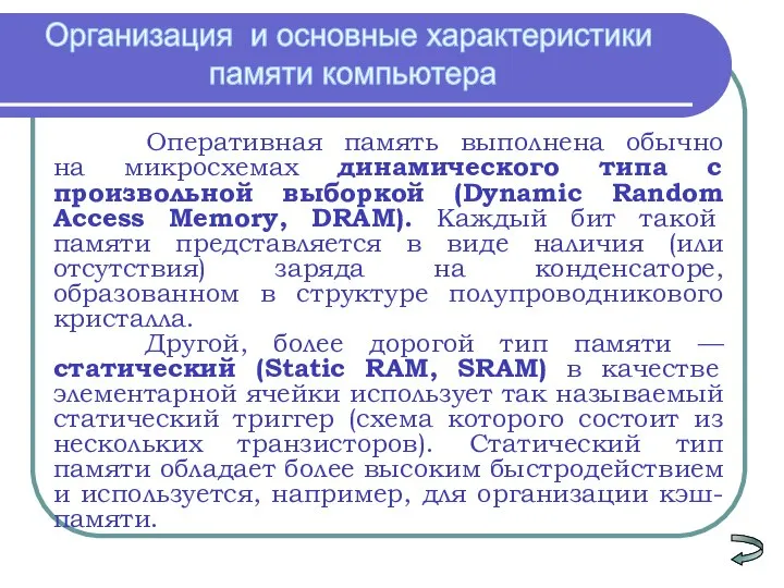 Организация и основные характеристики памяти компьютера Оперативная память выполнена обычно на микросхемах