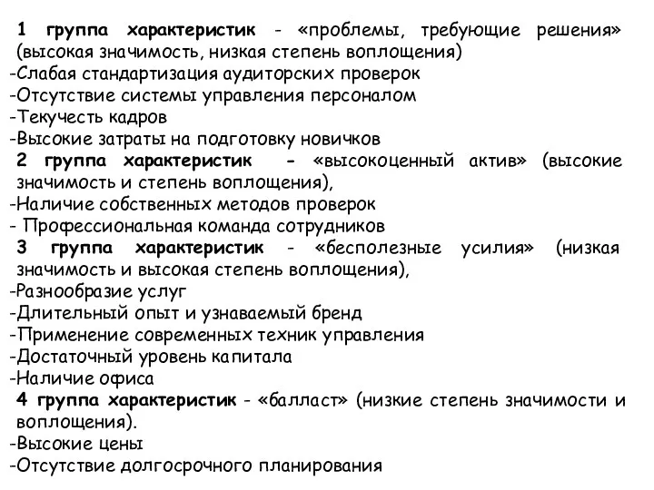 1 группа характеристик - «проблемы, требующие решения» (высокая значимость, низкая степень воплощения)