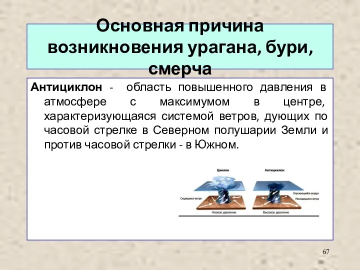 Основная причина возникновения урагана, бури, смерча Антициклон - область повышенного давления в