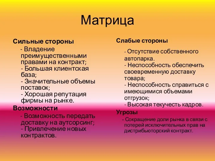 Матрица Сильные стороны - Владение преимущественными правами на контракт; - Большая клиентская