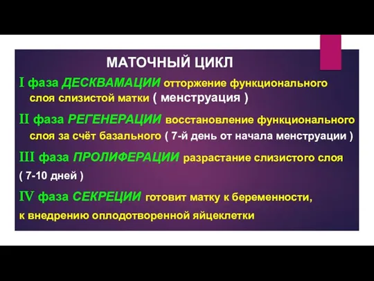 МАТОЧНЫЙ ЦИКЛ I фаза ДЕСКВАМАЦИИ отторжение функционального слоя слизистой матки ( менструация