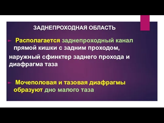 ЗАДНЕПРОХОДНАЯ ОБЛАСТЬ Располагается заднепроходный канал прямой кишки с задним проходом, наружный сфинктер