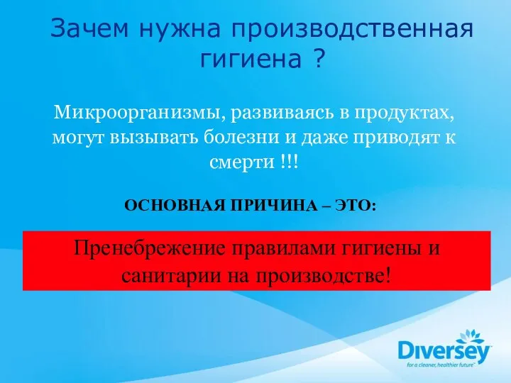 Зачем нужна производственная гигиена ? Микроорганизмы, развиваясь в продуктах, могут вызывать болезни