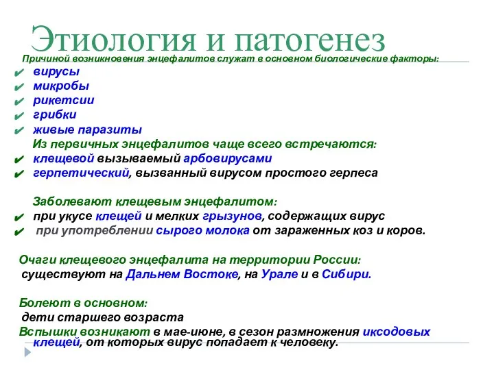 Этиология и патогенез Причиной возникновения энцефалитов служат в основном биологические факторы: вирусы