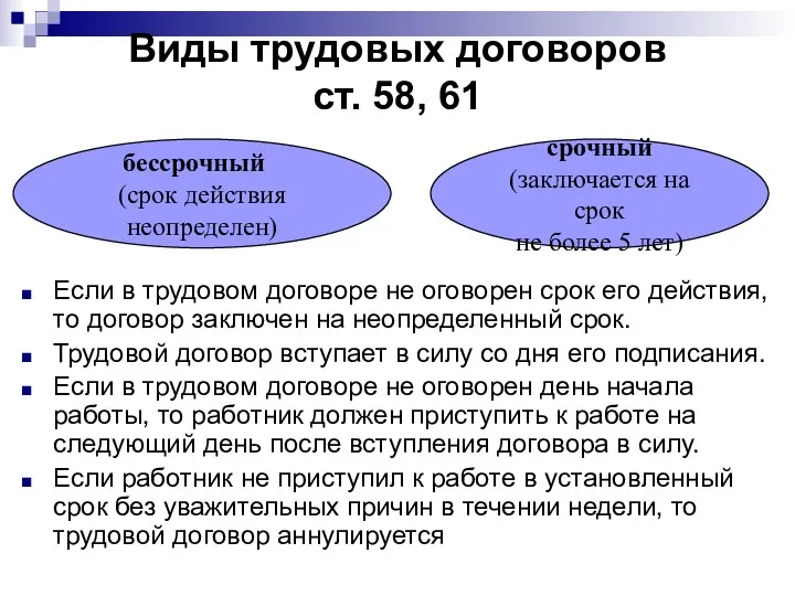 Виды трудовых договоров ст. 58, 61 Если в трудовом договоре не оговорен