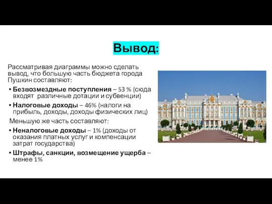 Вывод: Рассматривая диаграммы можно сделать вывод, что большую часть бюджета города Пушкин