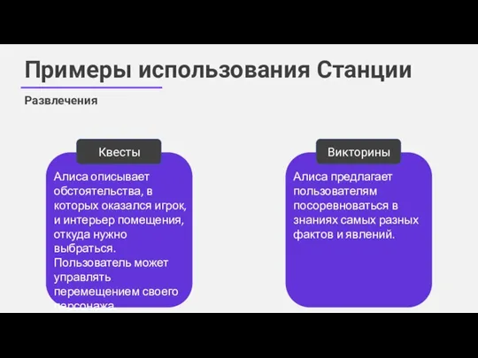 Примеры использования Станции Развлечения Квесты Алиса описывает обстоятельства, в которых оказался игрок,