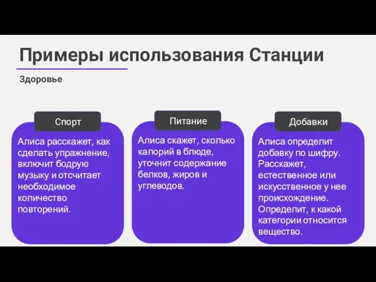 Примеры использования Станции Здоровье Спорт Алиса расскажет, как сделать упражнение, включит бодрую