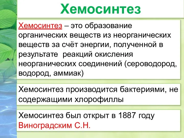 Хемосинтез – это образование органических веществ из неорганических веществ за счёт энергии,