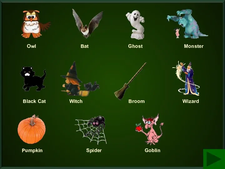 Broom Spider Ghost Pumpkin Owl Monster Wizard Black Cat Goblin Bat Witch