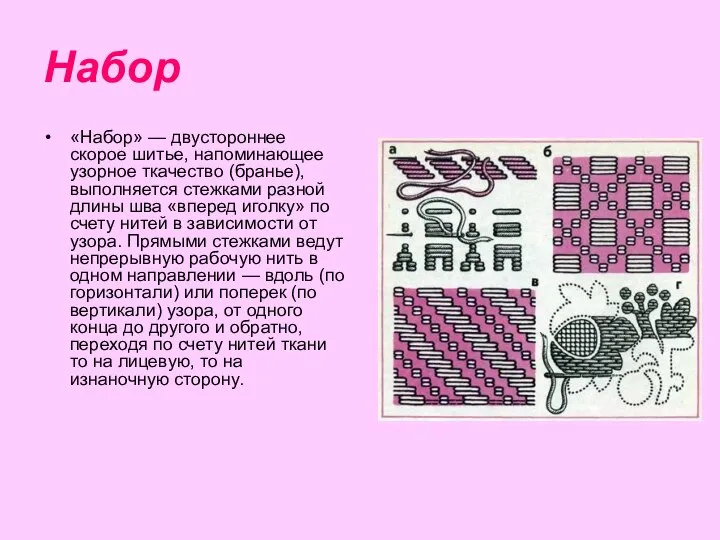 Набор «Набор» — двустороннее скорое шитье, напоминающее узорное ткачество (бранье), выполняется стежками