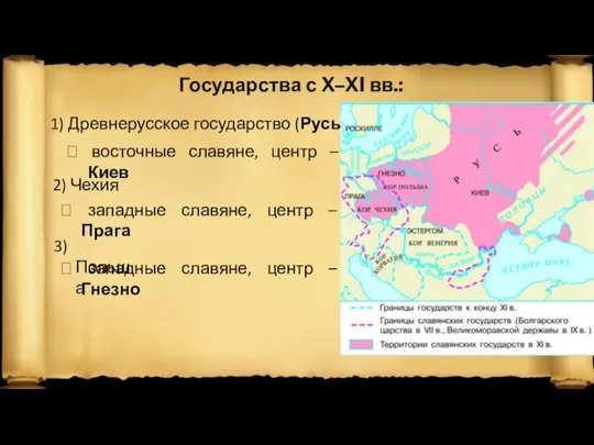 Государства с X–XI вв.: 1) Древнерусское государство (Русь) ? восточные славяне, центр