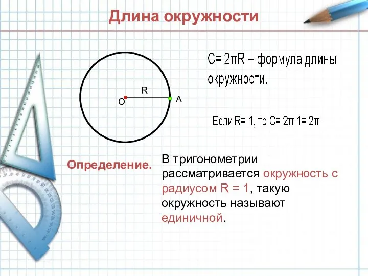 Длина окружности О A R В тригонометрии рассматривается окружность с радиусом R