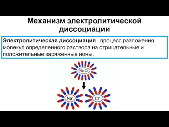 Механизм электролитической диссоциации Электролитическая диссоциация - процесс разложения молекул определенного раствора на