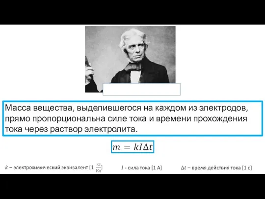 Масса вещества, выделившегося на каждом из электродов, прямо пропорциональна силе тока и