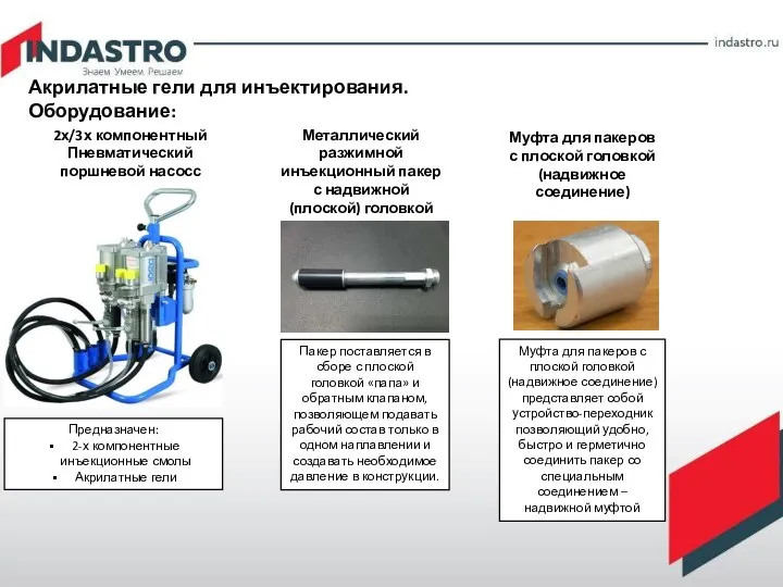 Акрилатные гели для инъектирования. Оборудование: 2х/3х компонентный Пневматический поршневой насосс Металлический разжимной