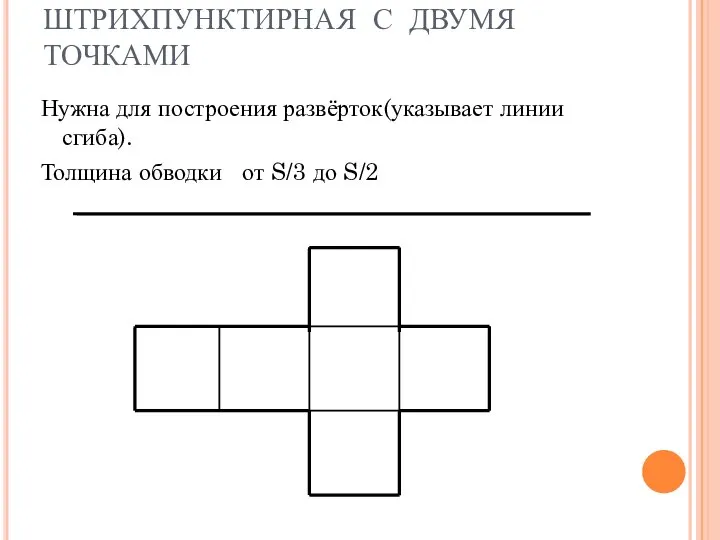 ШТРИХПУНКТИРНАЯ С ДВУМЯ ТОЧКАМИ Нужна для построения развёрток(указывает линии сгиба). Толщина обводки от S/3 до S/2