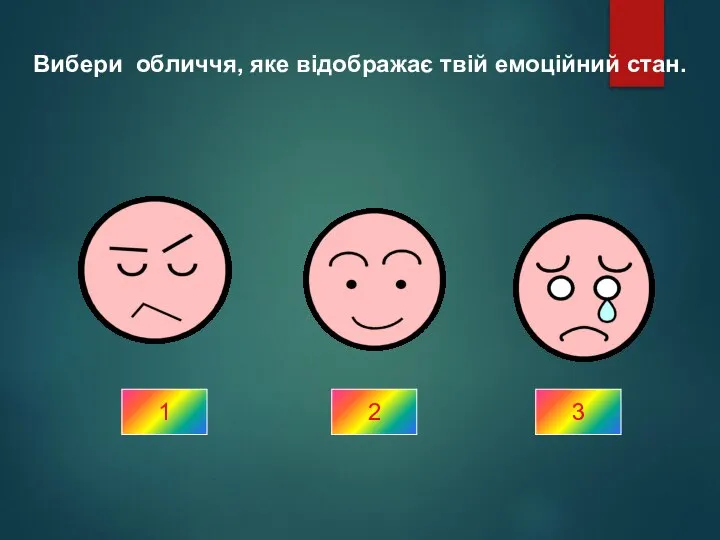 Вибери обличчя, яке відображає твій емоційний стан. 1 2 3