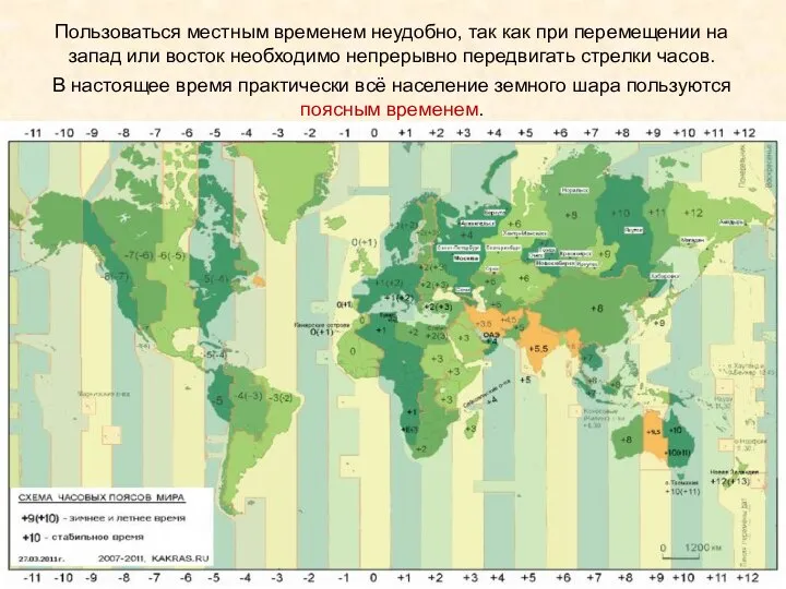 Пользоваться местным временем неудобно, так как при перемещении на запад или восток