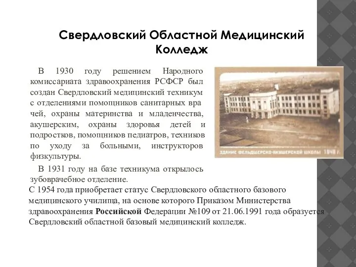 Свердловский Областной Медицинский Колледж В 1930 году решением На­родного комиссариата здравоохра­нения РСФСР