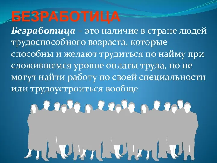 БЕЗРАБОТИЦА Безработица – это наличие в стране людей трудоспособного возраста, которые способны