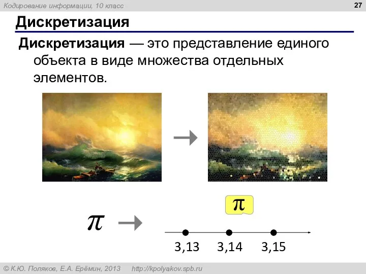 Дискретизация Дискретизация — это представление единого объекта в виде множества отдельных элементов. π