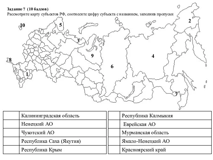 Задание 7 (10 баллов) Рассмотрите карту субъектов РФ, соотнесите цифру субъекта с