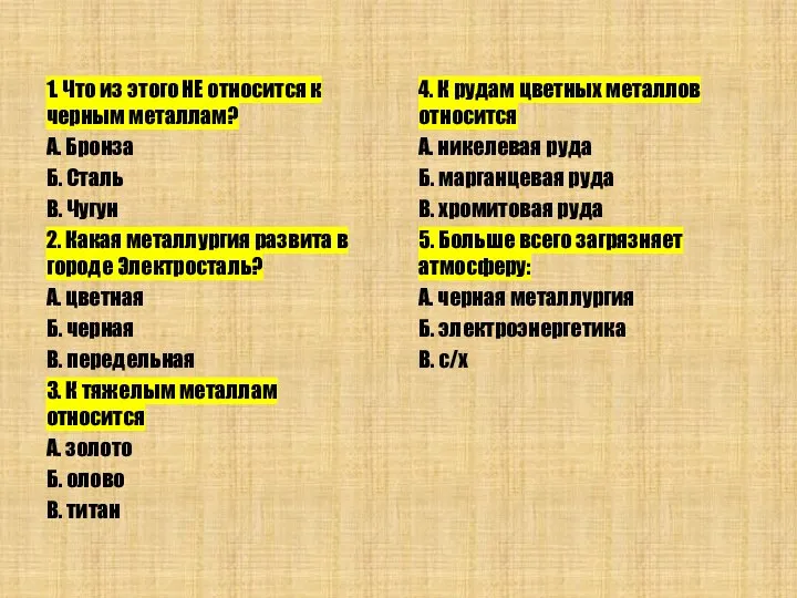 1. Что из этого НЕ относится к черным металлам? А. Бронза Б.