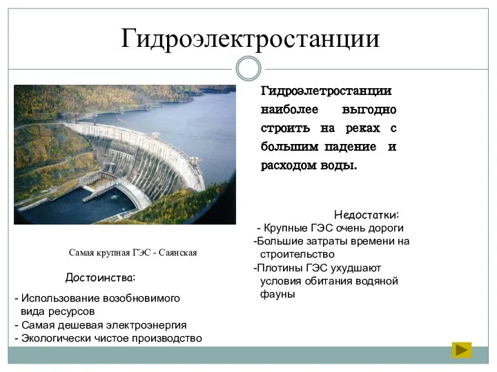 Гидроэлетростанции наиболее выгодно строить на реках с большим падение и расходом воды.